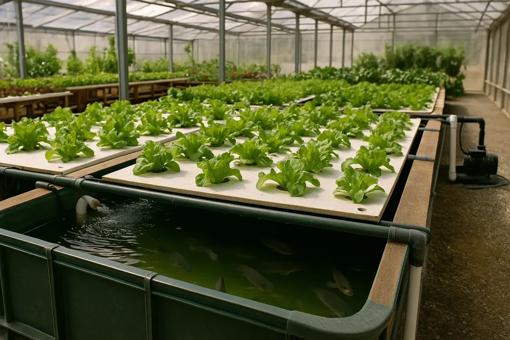 cultivo acuaponico acuaponia en raiz flotante con lechugas y tilapias
