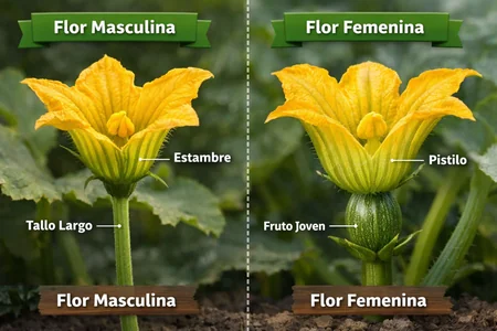 diferencias entre flores masculinas y femeninas de la calabaza zucchini