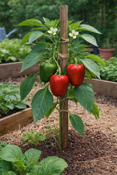 tutoreo del pimiento morron en huerta