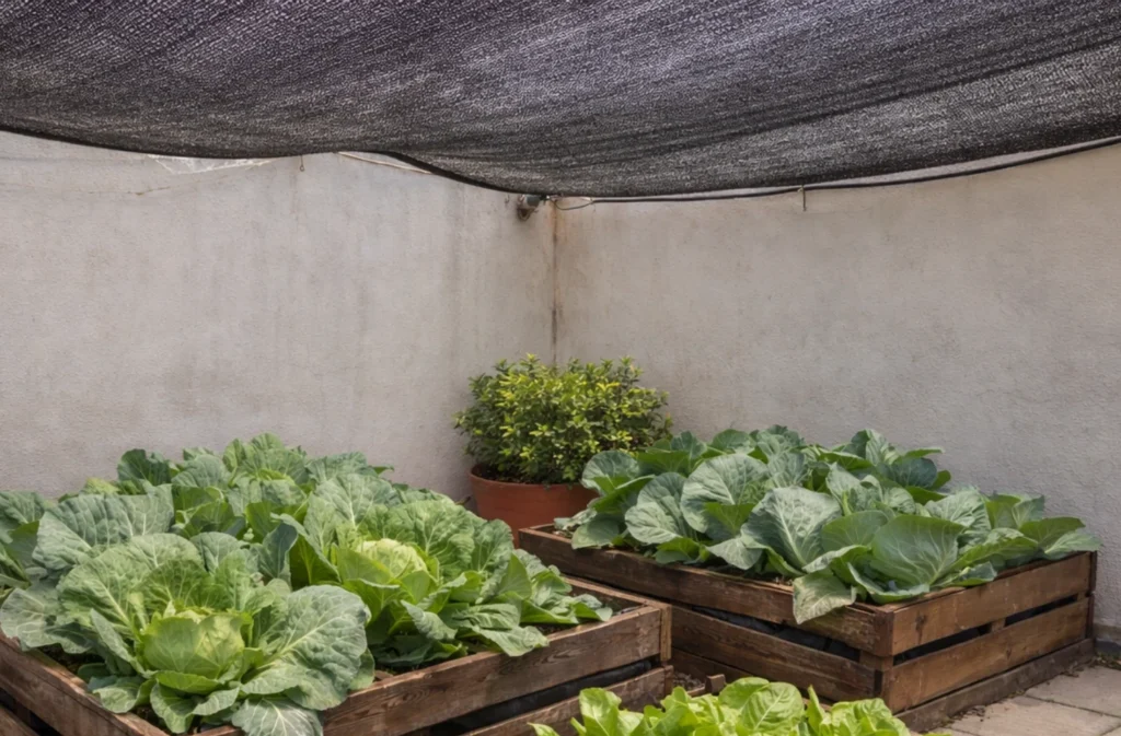 uso de malla sombra en huerta casera de coles o repollos