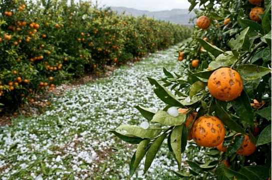 Granizo en cultivo de naranjo durante la temporada de lluvias